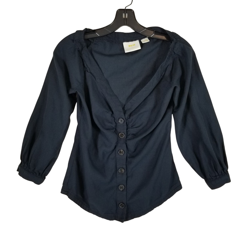 Maeve Anthropologie Blouse Womens 0 Black Ruched Button Front Linen Blend V-Neck